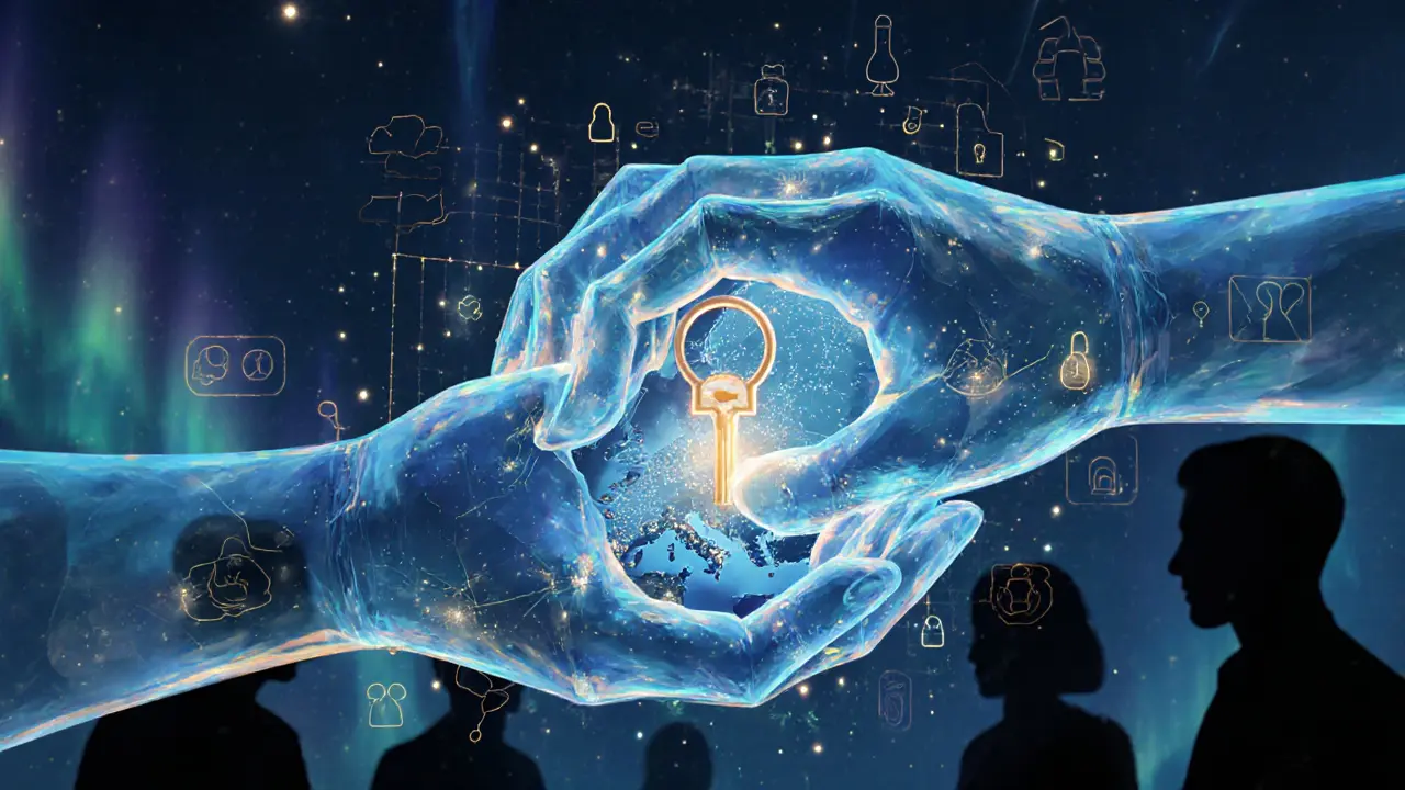 Translucent glass hands holding a key and map of Europe, encrypted data streams glowing behind them.