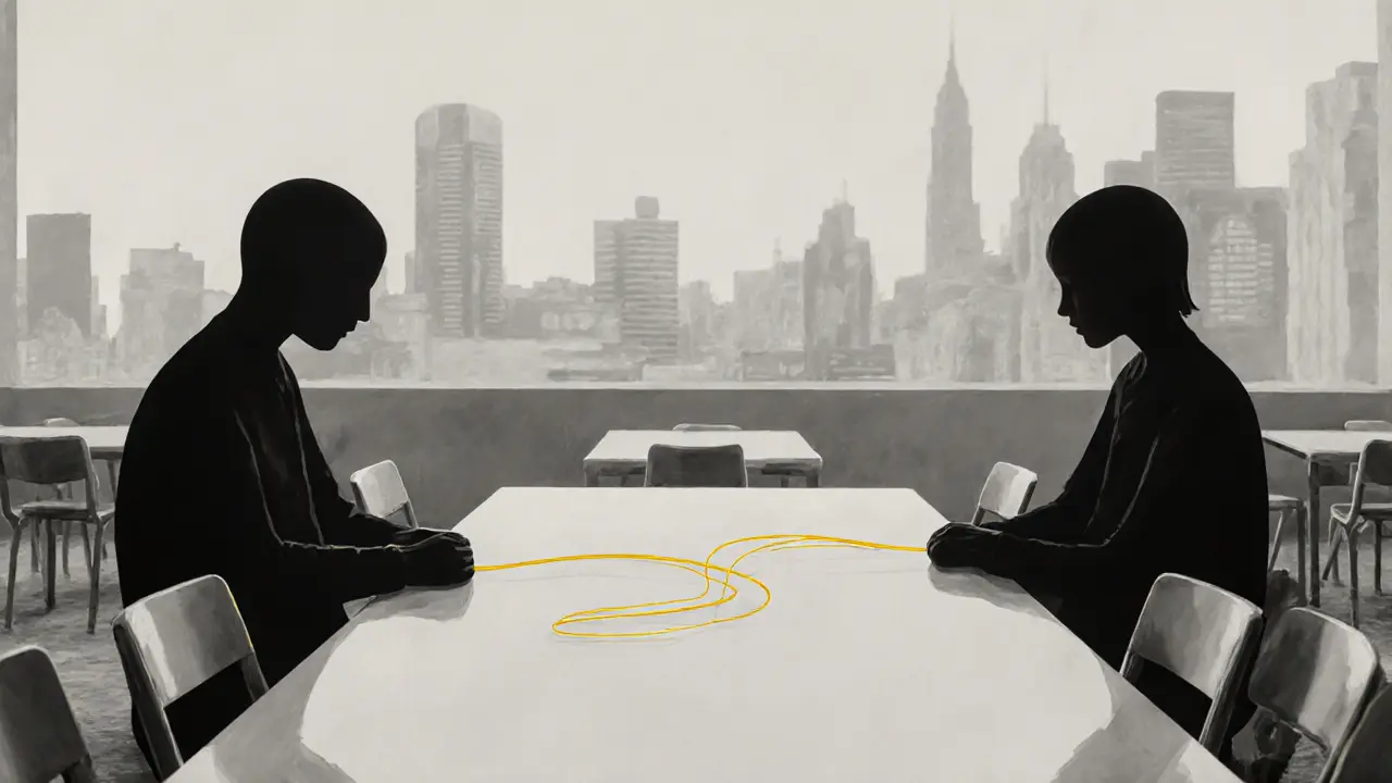 Two abstract figures connected by a golden thread of light, symbolizing emotional connection without intimacy.