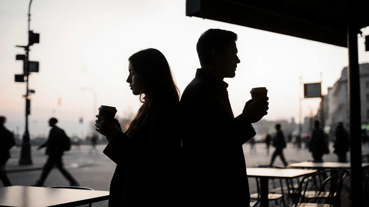 Two people back-to-back outside a café, holding coffee cups, symbolizing connection without exposure.