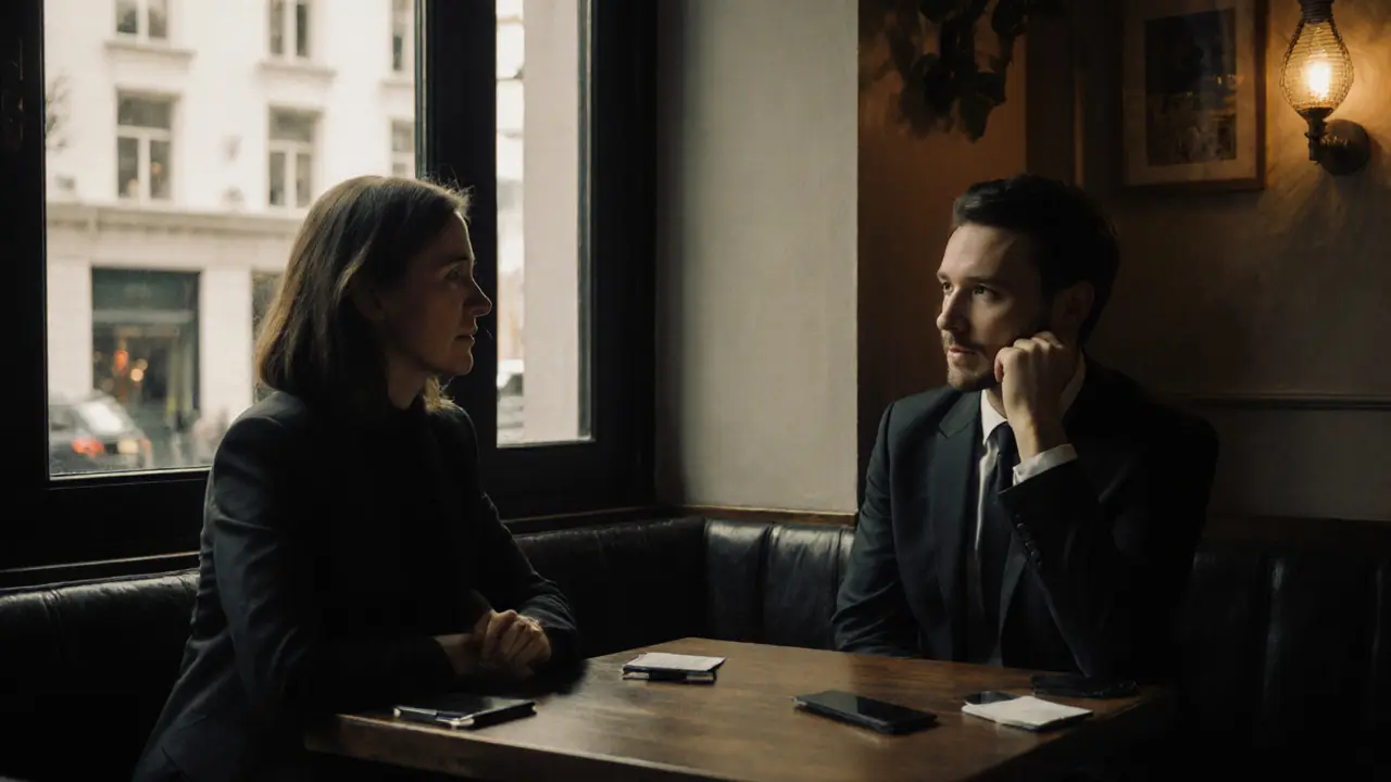 Two people having a quiet, anonymous meeting in a London café, faces partially obscured.