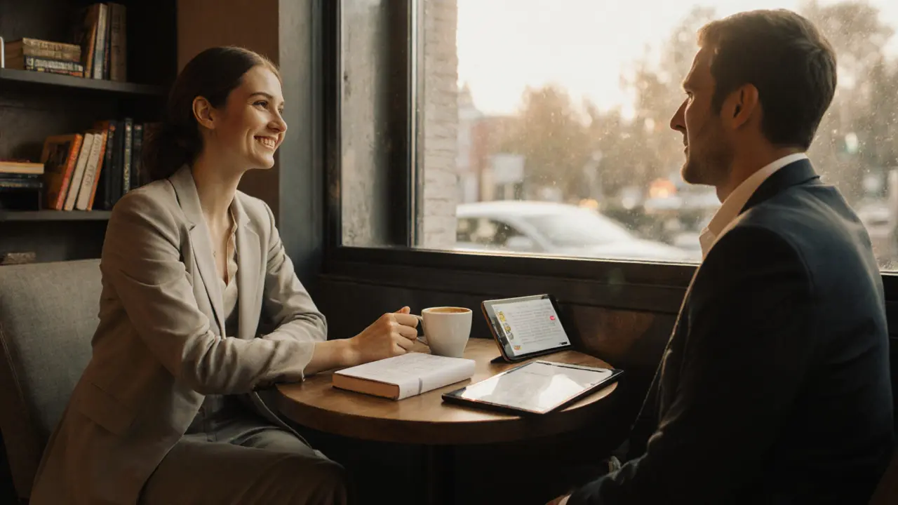 Two people share coffee in a quiet café, engaging in calm conversation with books and a tablet visible.