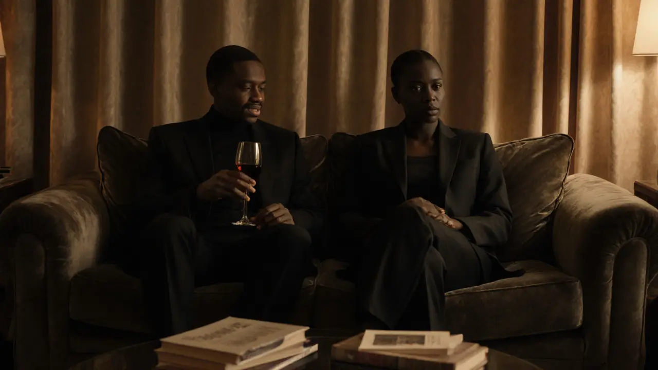 Two people sharing a quiet, intimate moment in a upscale hotel lounge.