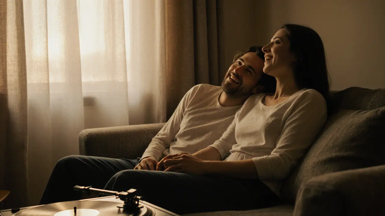 Two people sitting quietly together on a couch, sharing a tender moment of laughter.
