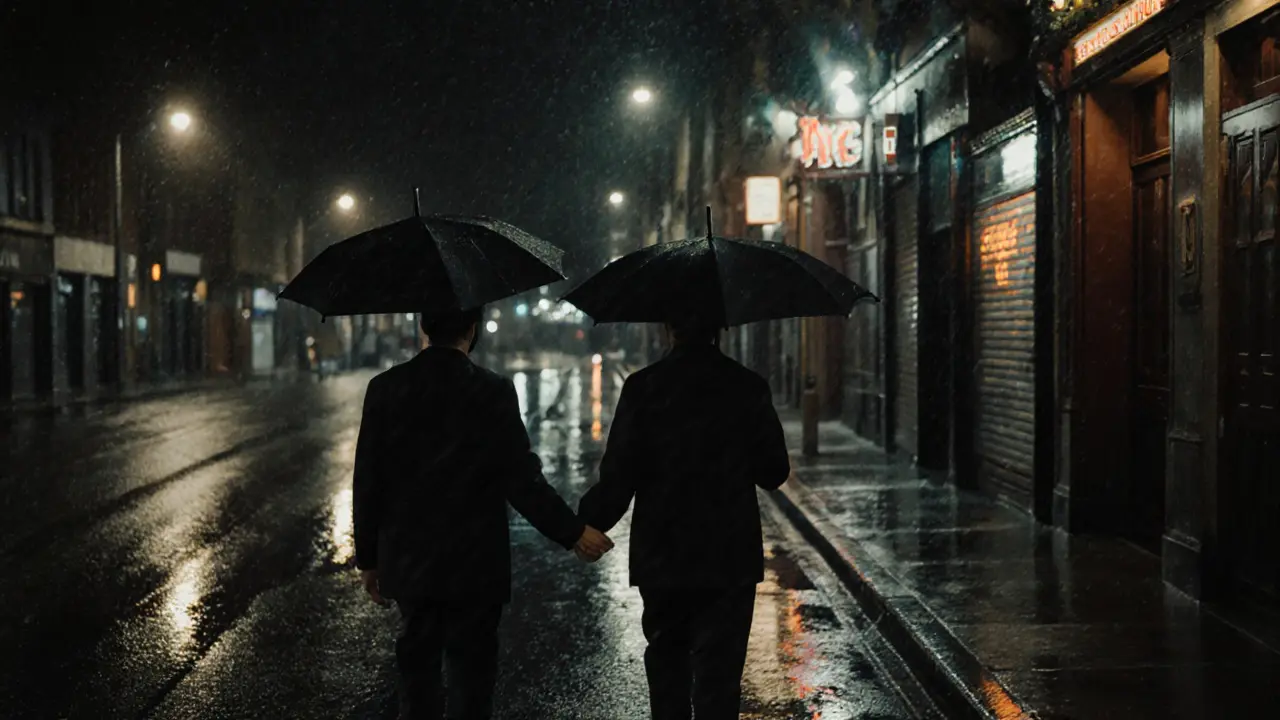 Two people walking side by side in a rainy Manchester street at night, hands almost touching.