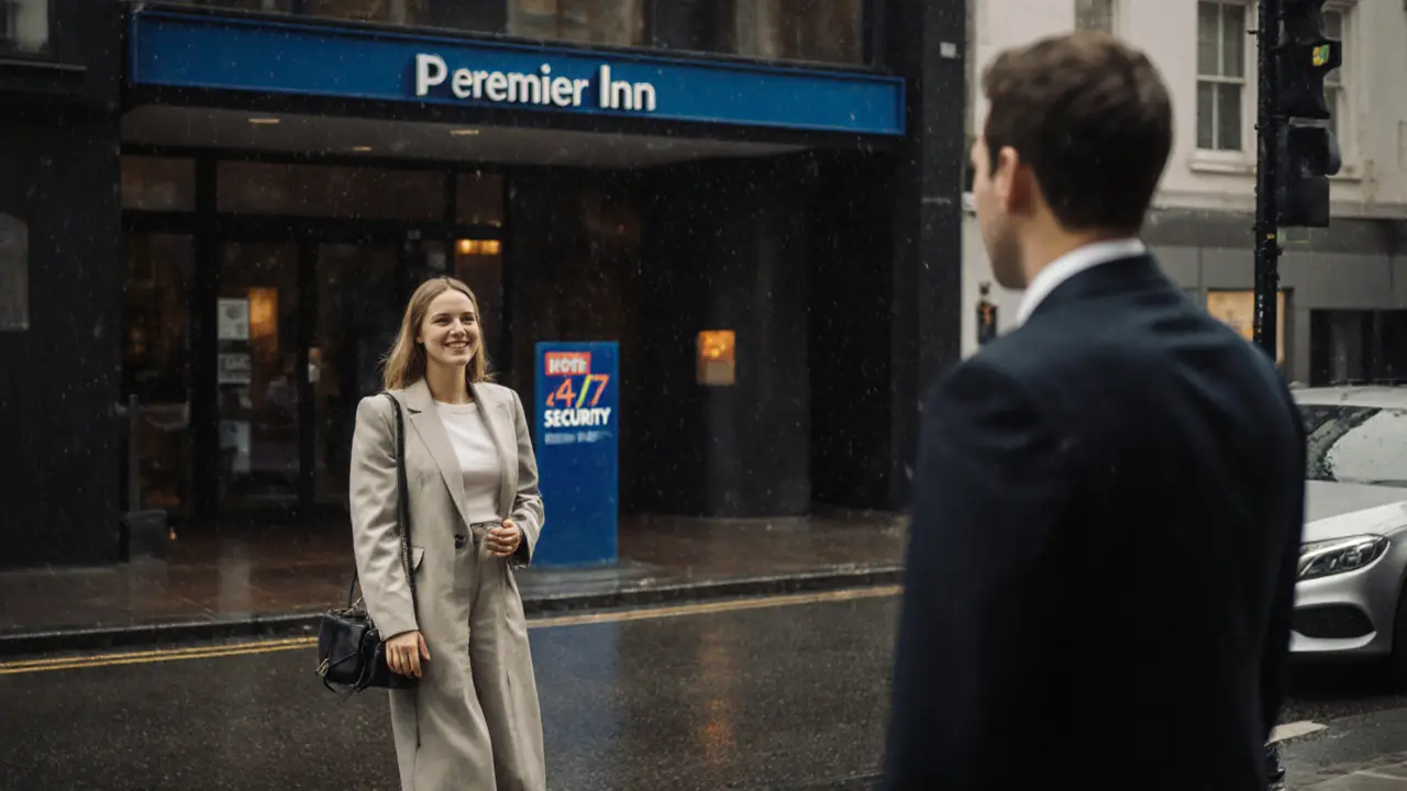 Woman and man meeting respectfully outside a secure London hotel at dusk.