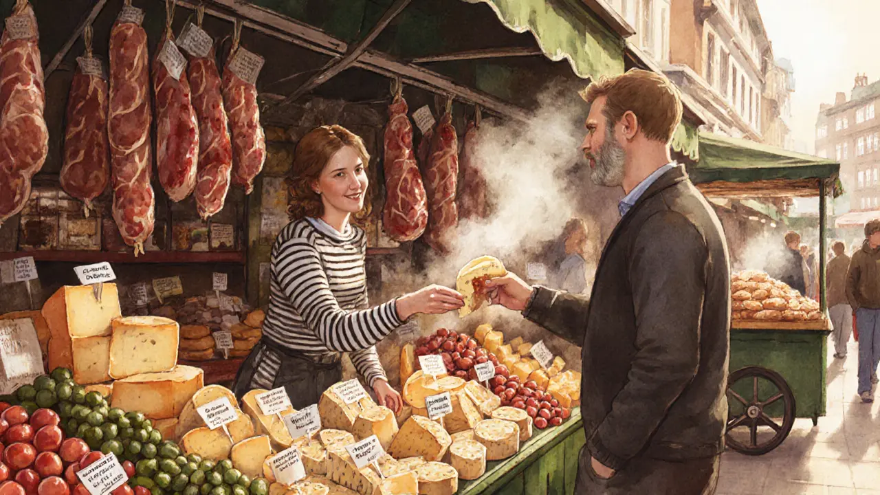 Woman offering cheese at Borough Market while a man smiles, colorful food stalls behind them.