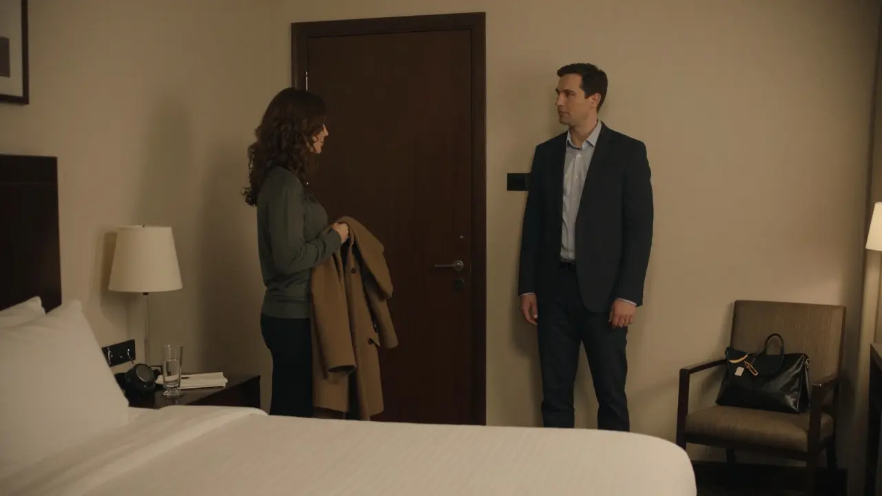 A client and escort in a hotel room, maintaining respectful distance before physical interaction.