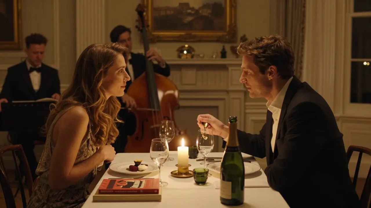 A couple sharing dessert by candlelight in a refined private dining room, with art books and champagne on the table.