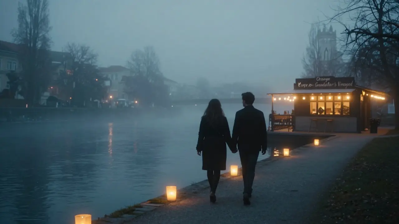 A couple walks hand in hand along a misty river at dusk in Ljubljana, lanterns glowing softly on the water.
