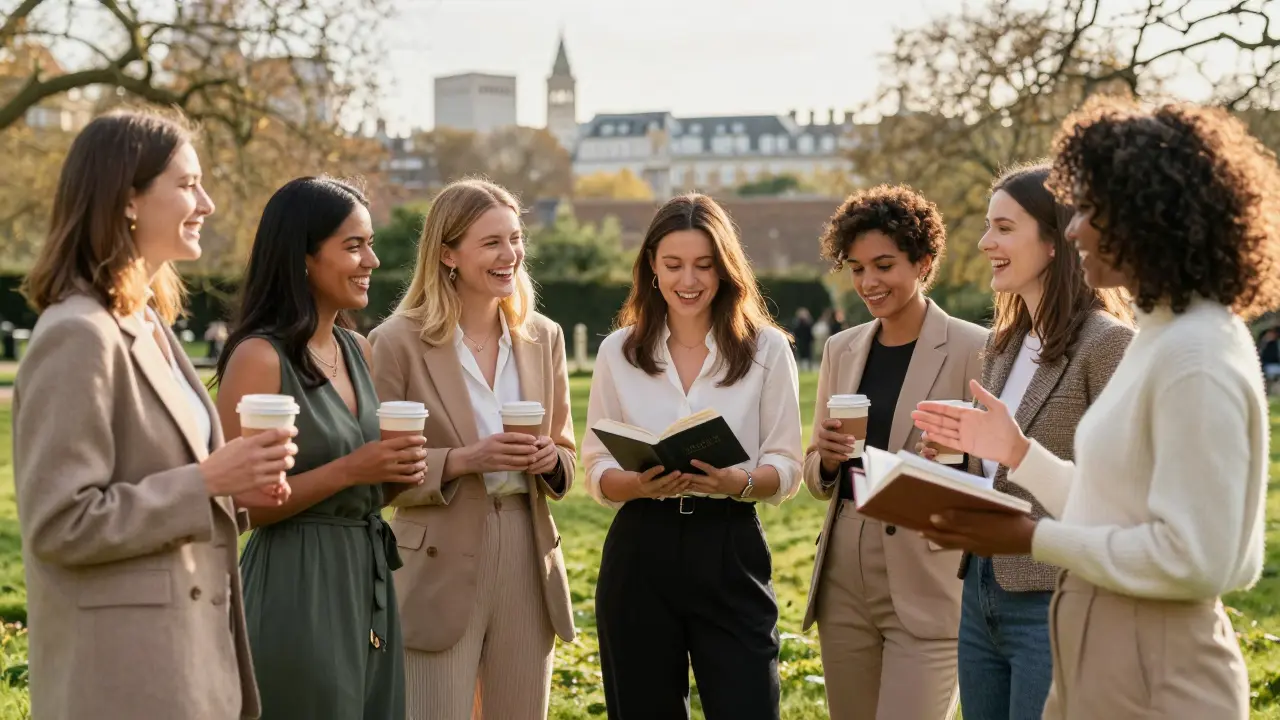 A group of confident BBW escorts enjoying a sunny afternoon in Hyde Park, laughing and holding coffee.