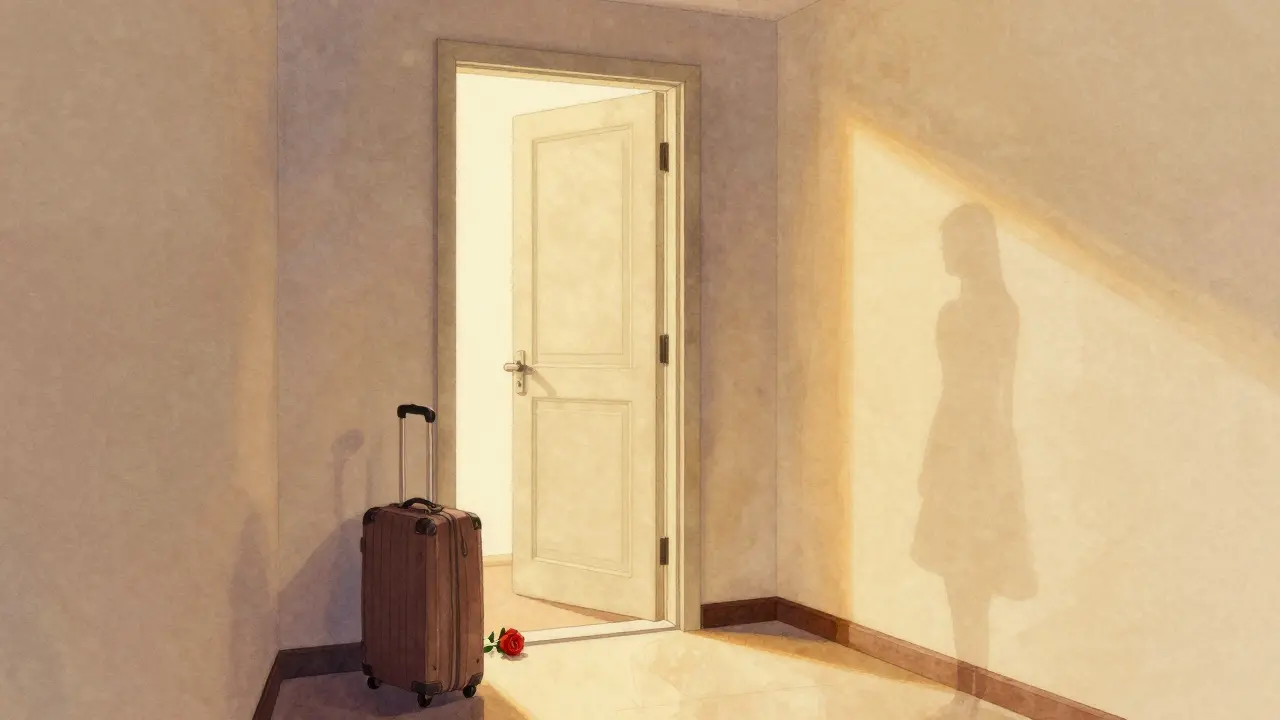 A hotel room door slightly open with a rose on the threshold, no people, warm light inside, symbolizing closure and respect.