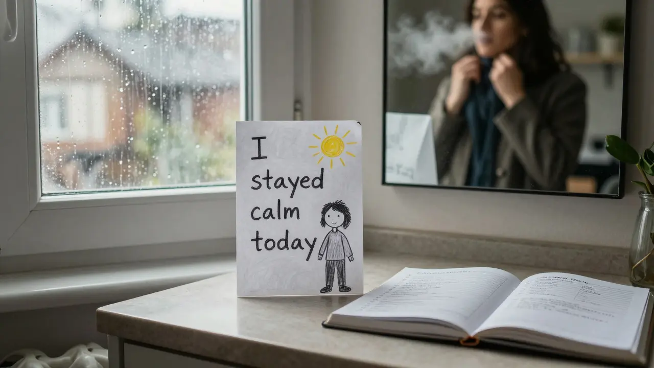 A journal on a kitchen counter lists daily victories beside a child&#039;s drawing.