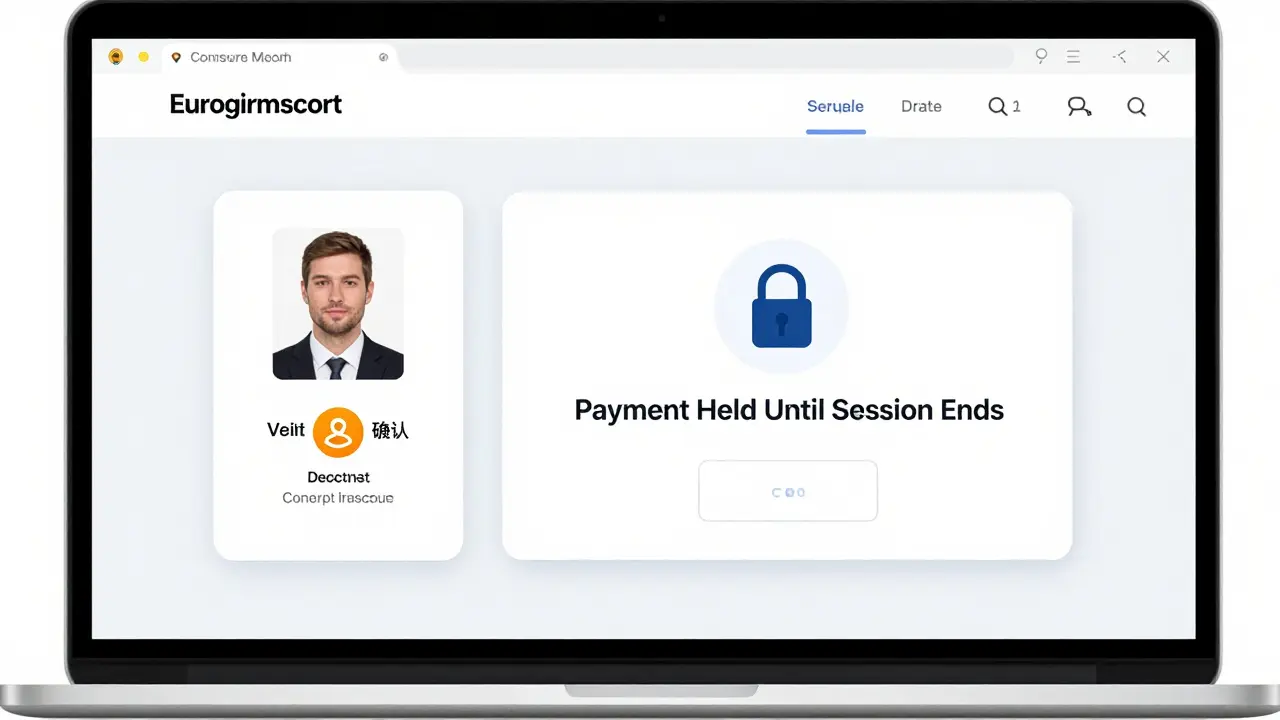 A laptop screen displaying the Eurogirlescort platform with verified profile and secure payment confirmation.