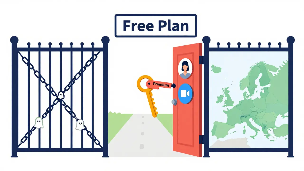 A locked gate made of ads and ghost profiles, with a golden key opening to a path of real connections and cross-border maps.