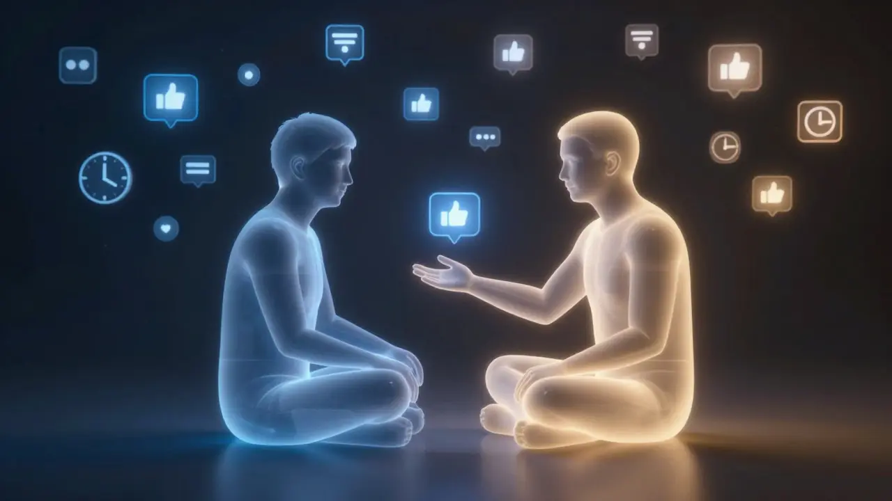 A lonely figure surrounded by digital noise, comforted by a glowing human presence symbolizing connection.