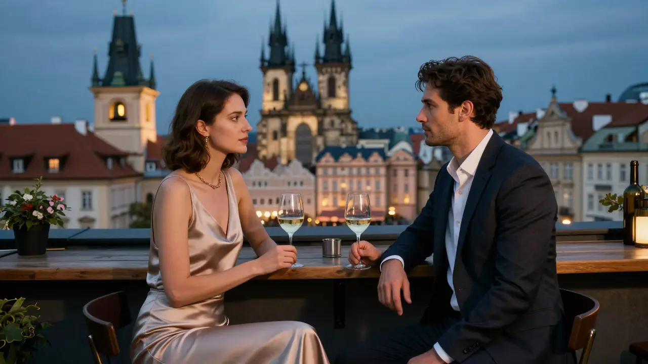 A man and woman engage in quiet conversation at a rooftop bar in Prague at twilight, city lights glowing behind them.