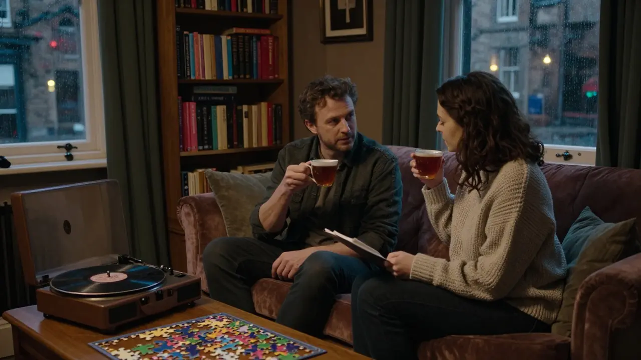 A man and woman having a thoughtful conversation in a cozy Edinburgh apartment with jazz playing.