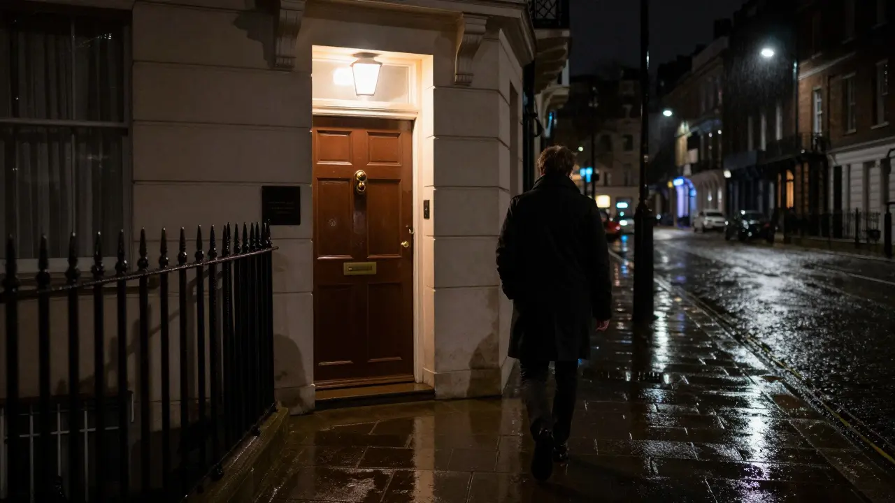 A man approaches a discreet door in Knightsbridge at night, warm light glowing above, rain reflecting on the cobblestones.