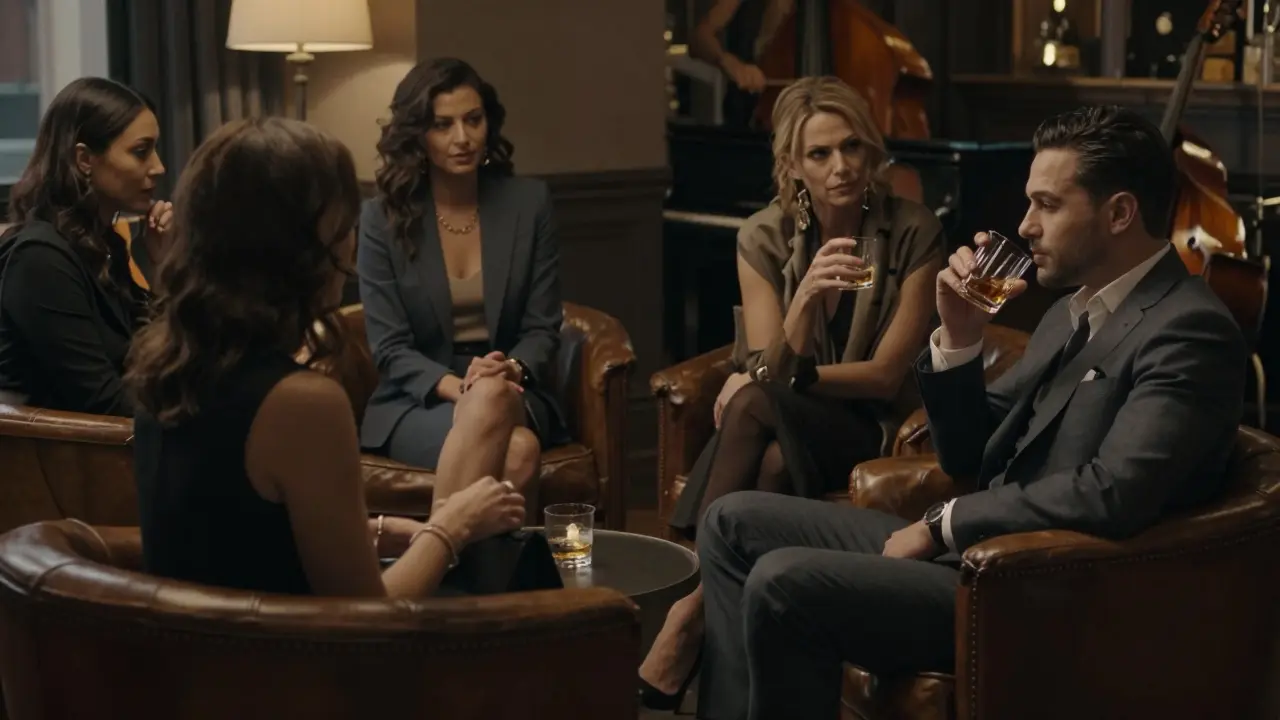 A man converses with a woman in a sophisticated London lounge, others quietly present in the background under soft lighting.