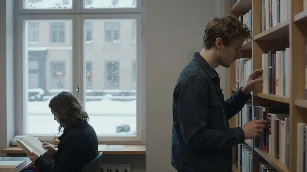 A man observes a woman reading in a quiet Copenhagen bookstore, snow falling outside the window, soft natural light.