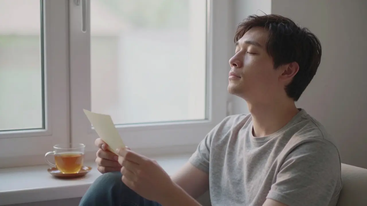 A man sitting peacefully by a window at dawn, looking relieved and centered after a meaningful encounter.