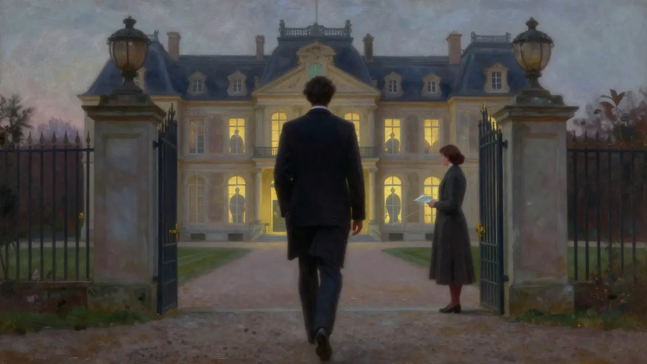 A man walks away from a mansion as a woman stands alone at the gate, symbolizing hidden power dynamics.