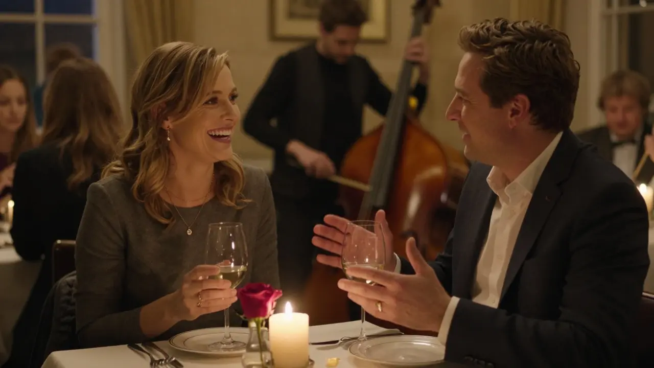 A professional companion and client laugh over wine at a quiet restaurant, enjoying a genuine conversation.