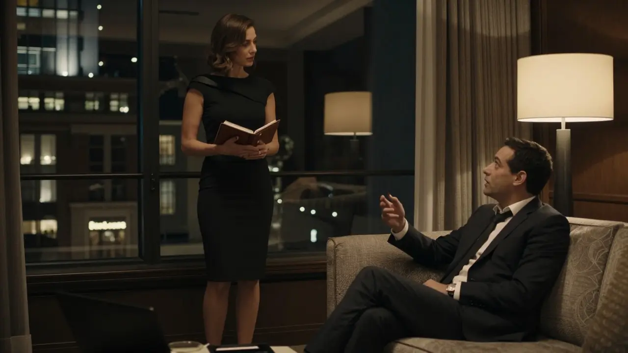 A professional woman and client converse peacefully in a high-end hotel suite, bathed in soft evening light.