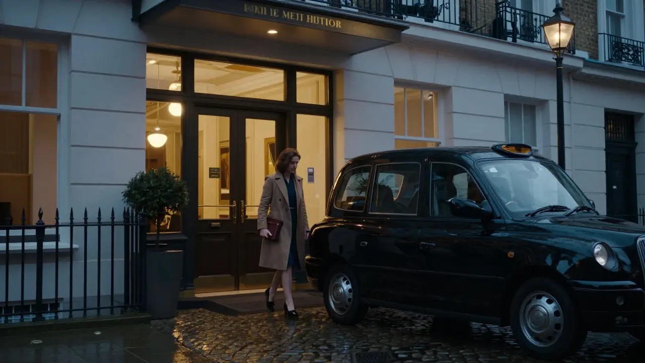 A professional woman arriving at a discreet boutique hotel in Notting Hill at dusk, private and elegant.
