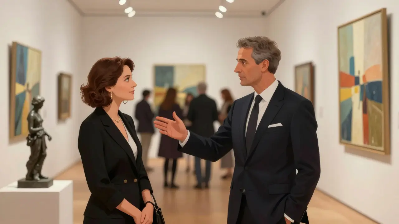 A professionally dressed companion and client viewing art at an upscale gallery event in Edinburgh.