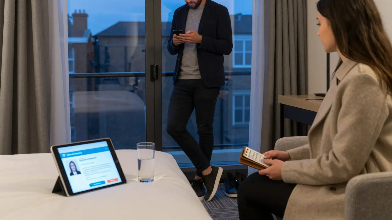 A safe hotel room meeting in Stratford with an escort holding her ID, showing discretion and verification.