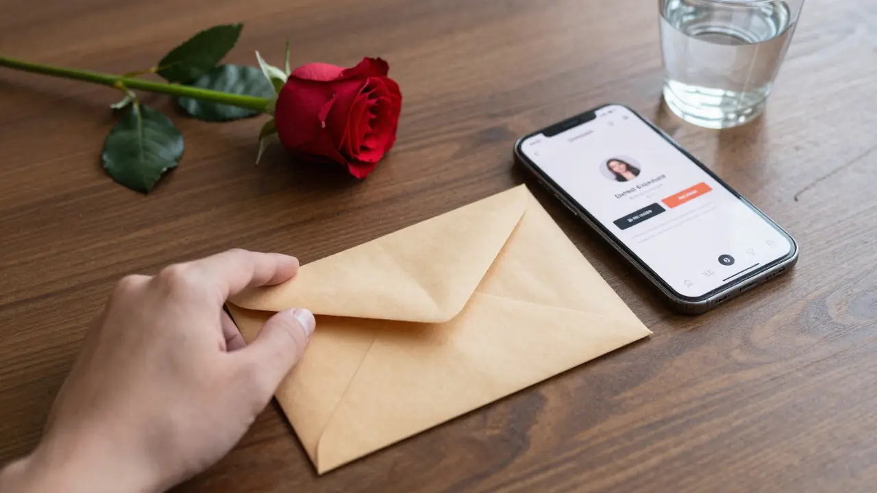 A sealed envelope and smartphone showing a verified escort platform on a wooden desk.