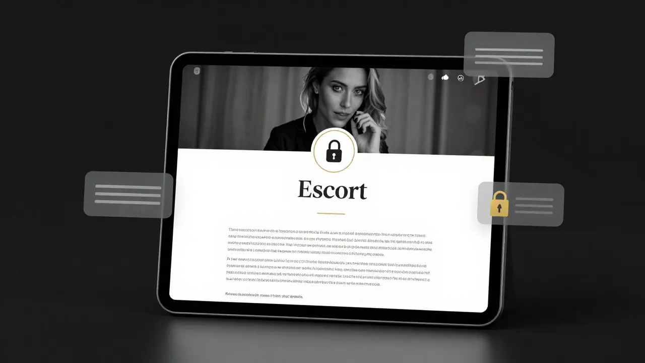 A secure, minimalist escort profile on a tablet with encrypted icons and a gold accent, no visible text.