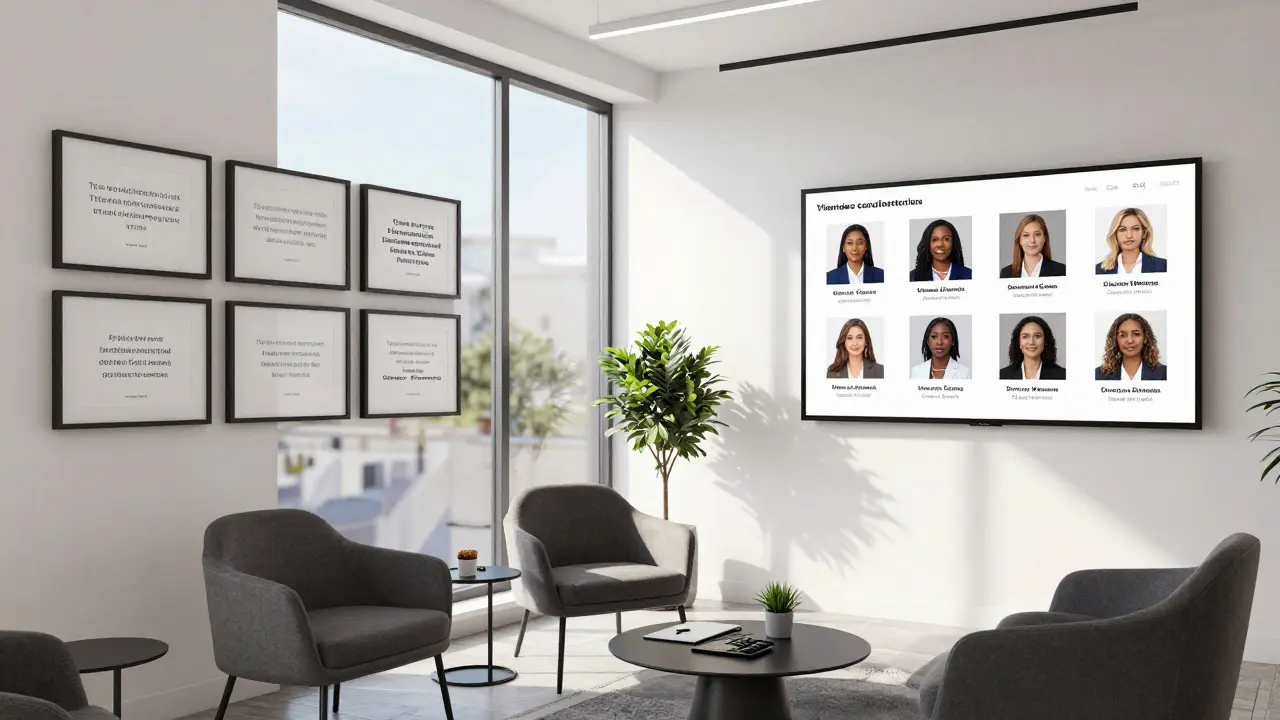 A sleek professional office in Kensington displaying verified companion profiles under natural sunlight.