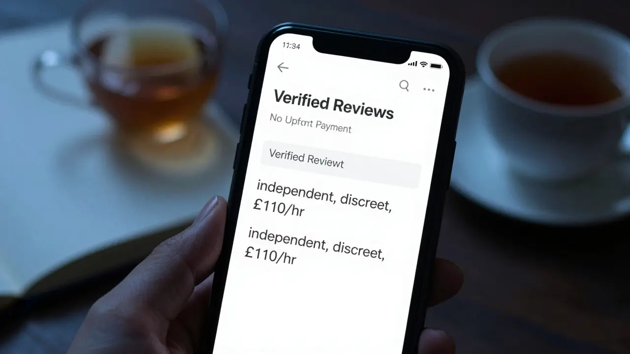 A smartphone screen displaying a text-only escort profile with emphasis on discretion and verified reviews.