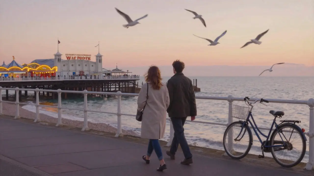 A traveler and companion walking along Brighton Pier at sunset, gazing at the ocean.