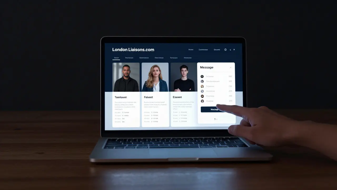 A verified escort directory website on a laptop, showing real profiles, reviews, and pricing for independent companionship services.