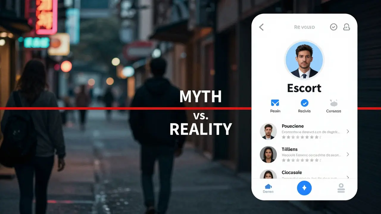 A visual contrast between dangerous street encounters and safe, verified online escort profiles, symbolizing myth versus reality.