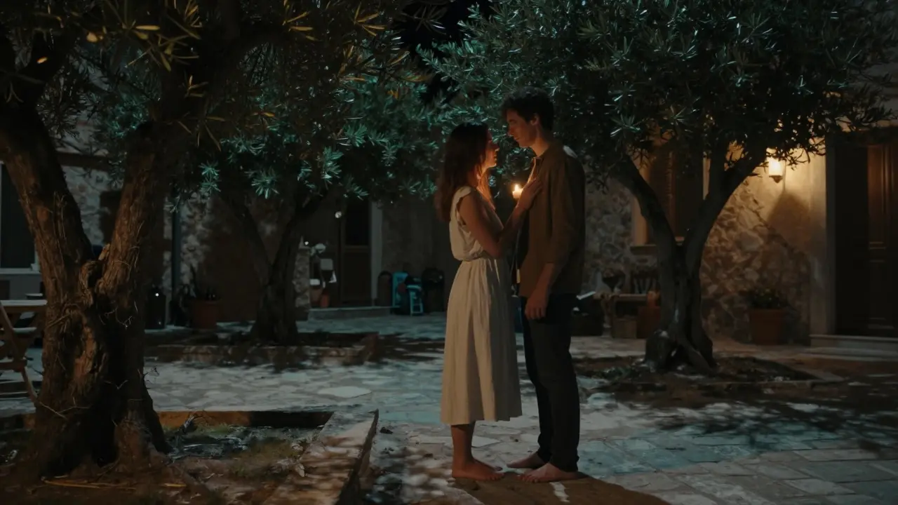 A woman and man in quiet embrace under candlelight in a Mediterranean courtyard at night.