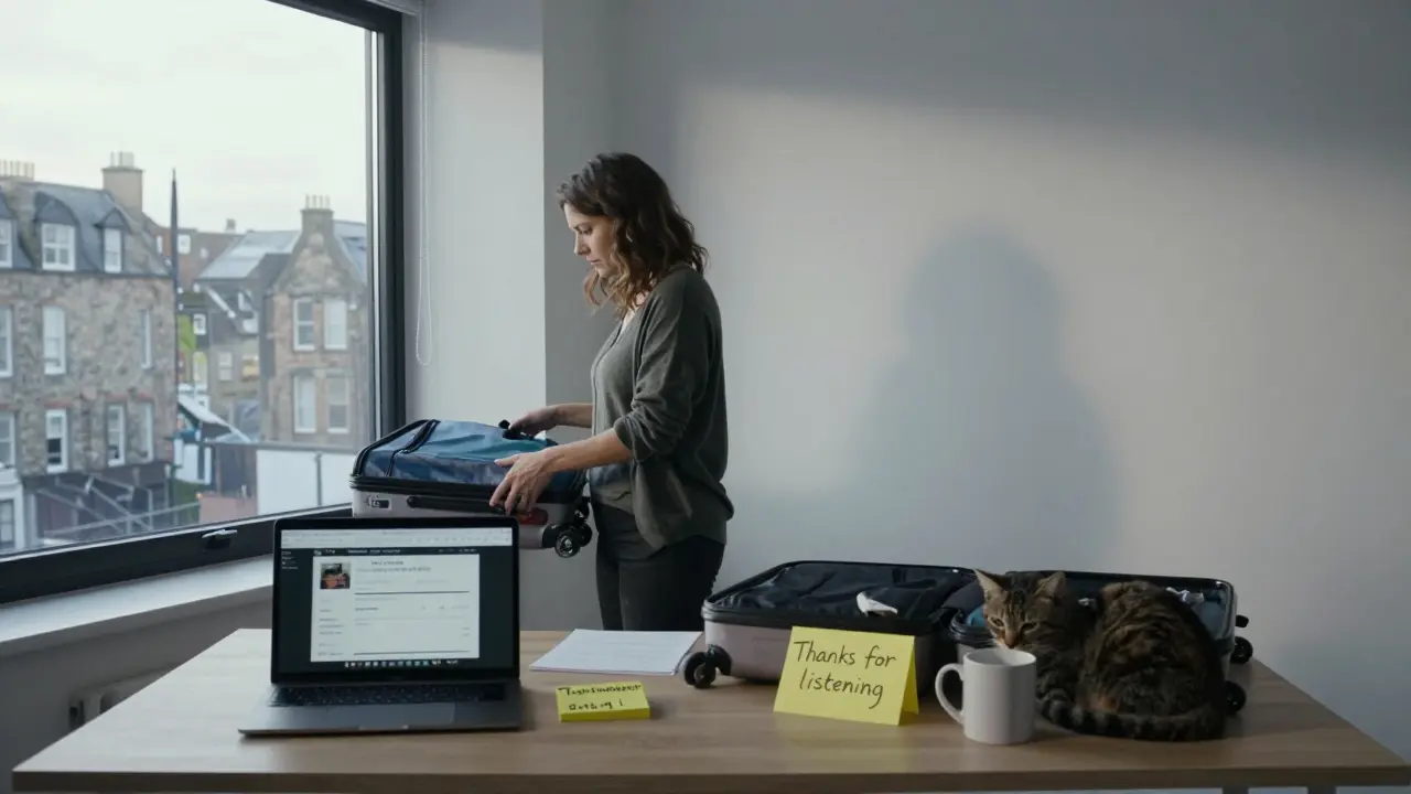 A woman packs her suitcase in a bright studio apartment, cat beside her, with a therapy reminder on the desk.