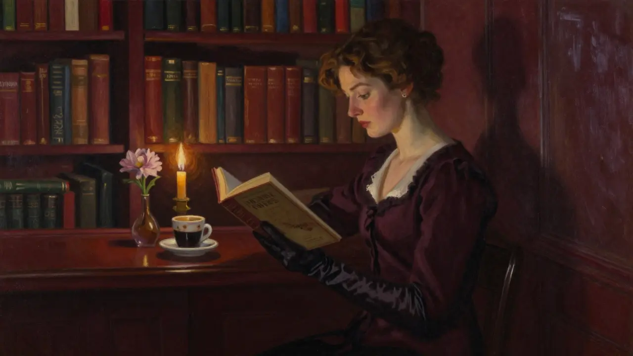 A woman reading Proust by candlelight in a quiet library bar, surrounded by bookshelves and soft glow.