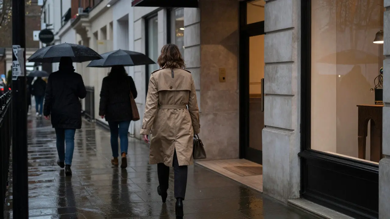 A woman walking alone toward a quiet hotel in rainy London, blending into the urban evening with calm confidence.