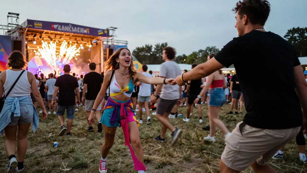 A young woman pulling a man toward a glowing stage at a vibrant nighttime music festival.
