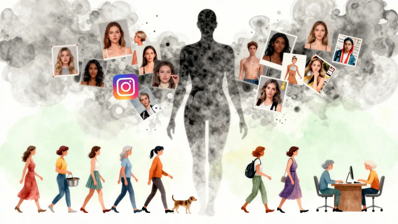 Abstract silhouette of a size 16 woman surrounded by fading media stereotypes, real women walking freely below.