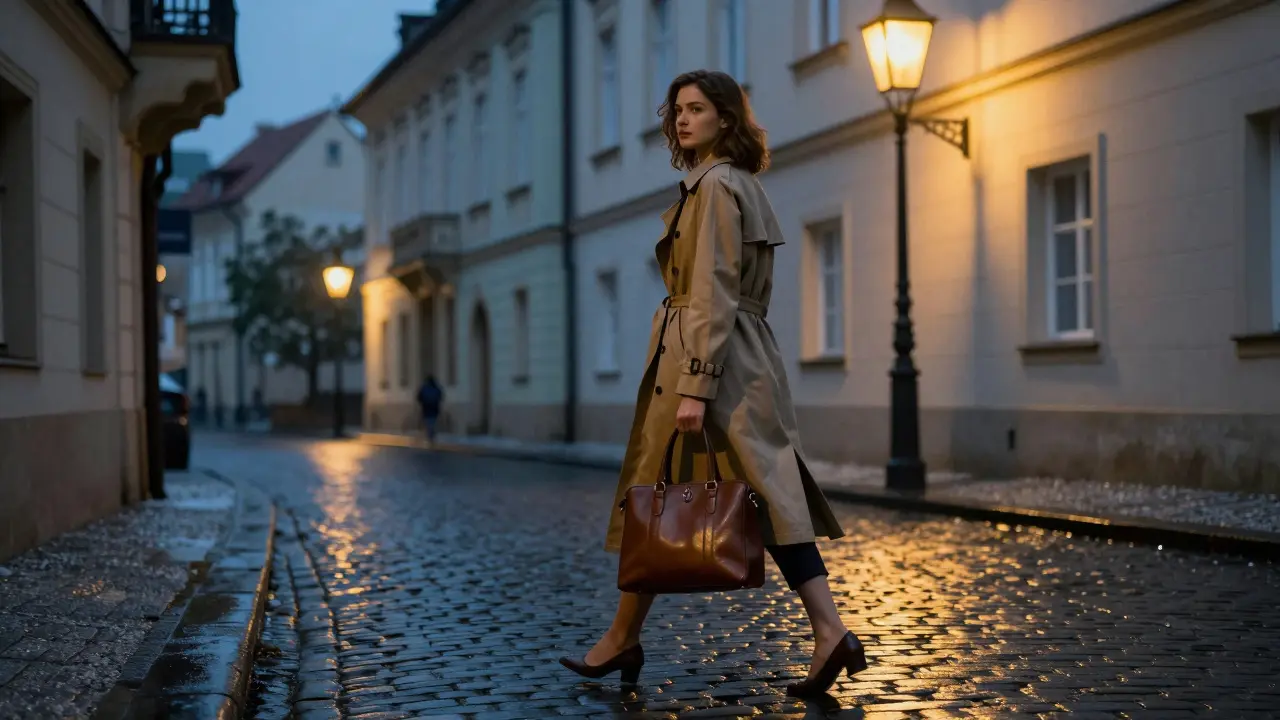 An elegant woman walks confidently down a rainy Prague street at dusk, illuminated by golden streetlamps.