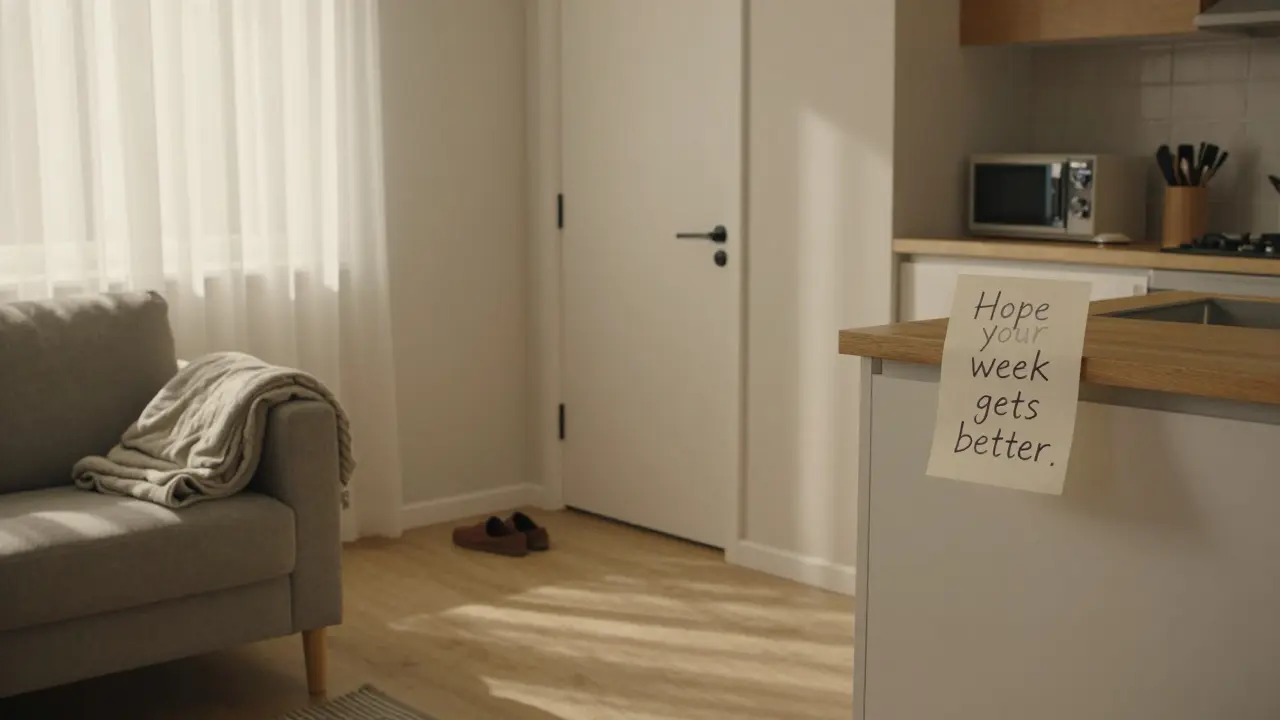 An empty apartment at sunrise with a handwritten note and signs of a recent visit.