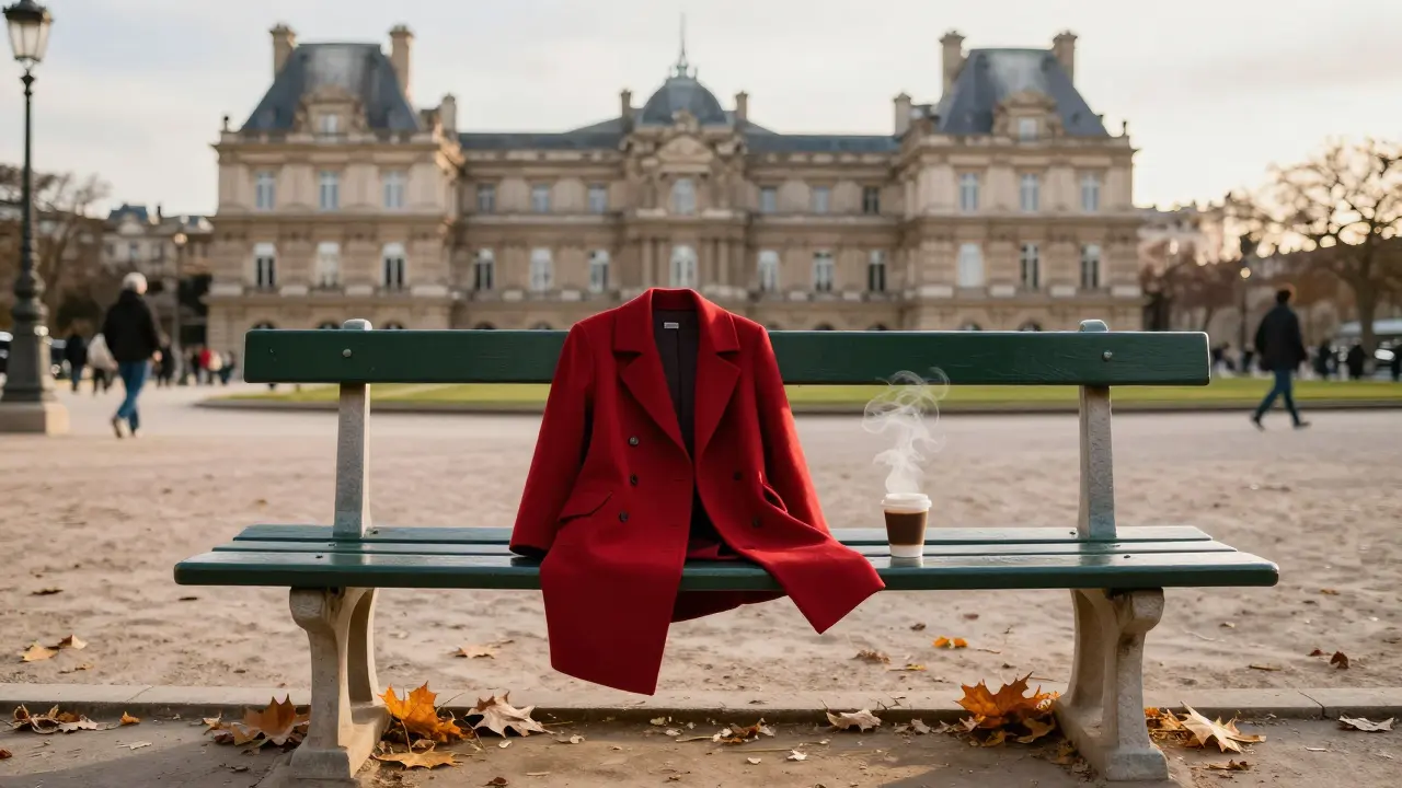 An empty red coat on a bench in Luxembourg Gardens at golden hour, coffee cup nearby, autumn leaves swirling.