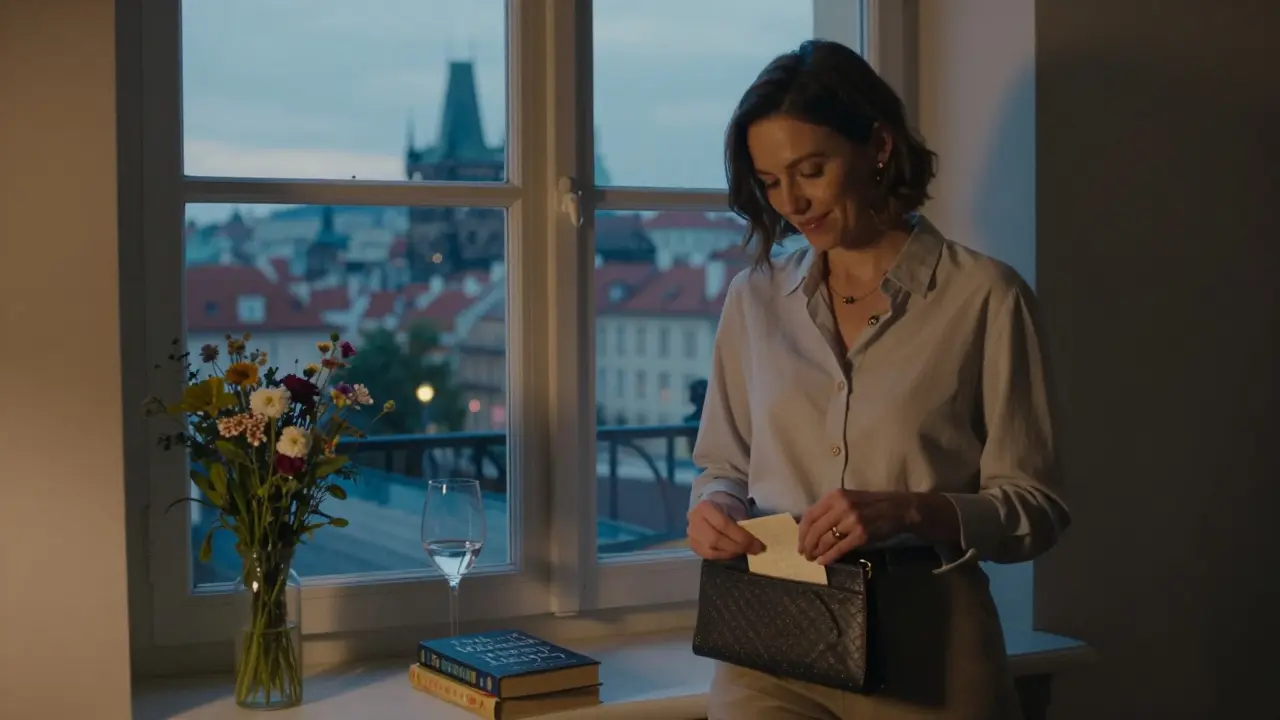 An escort in Prague placing a handwritten note into her clutch as twilight lights up the city window behind her.