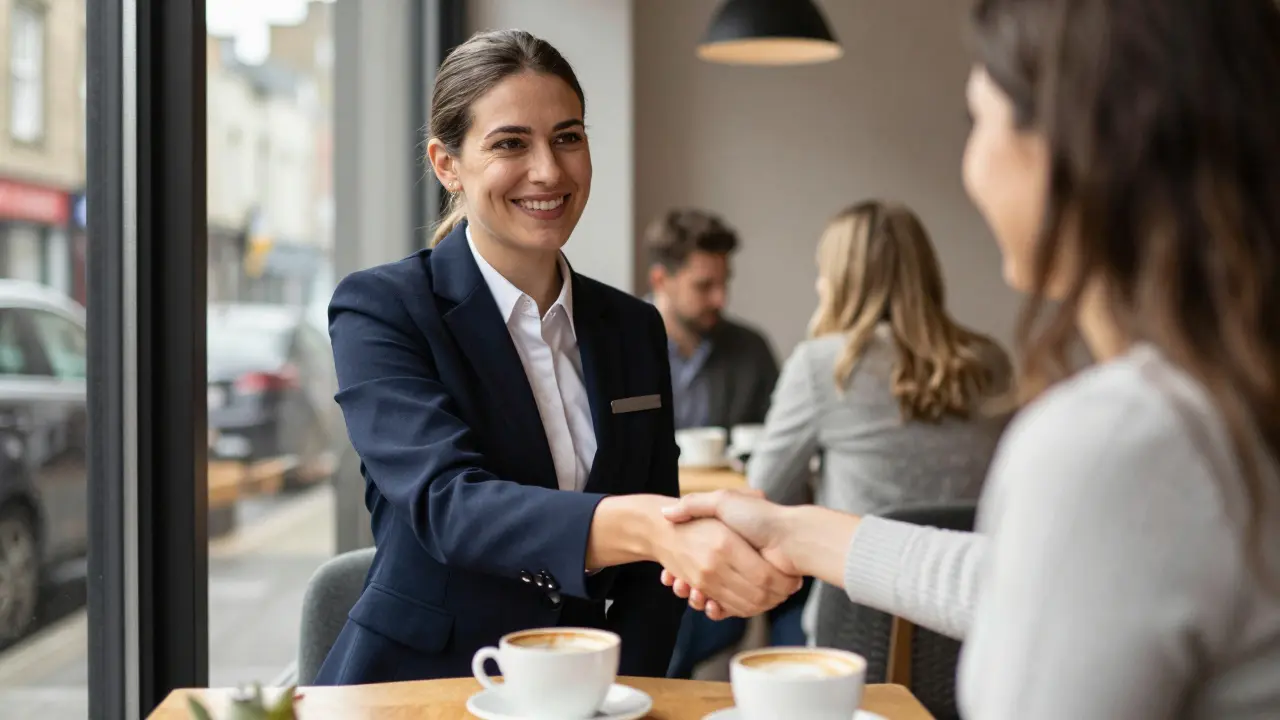 An escort meeting a client for coffee in a Bristol café, both smiling and shaking hands.