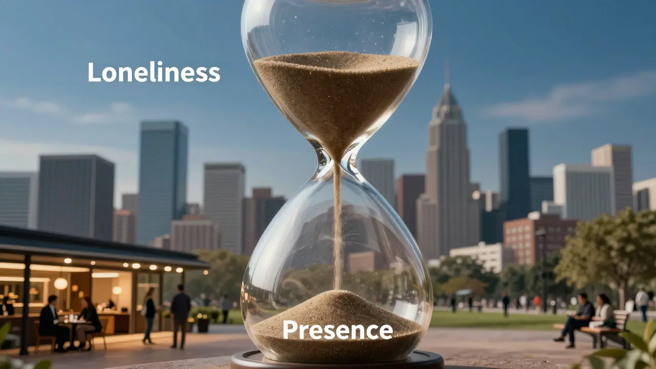 An hourglass above a cityscape, symbolizing the shift from loneliness to meaningful presence.